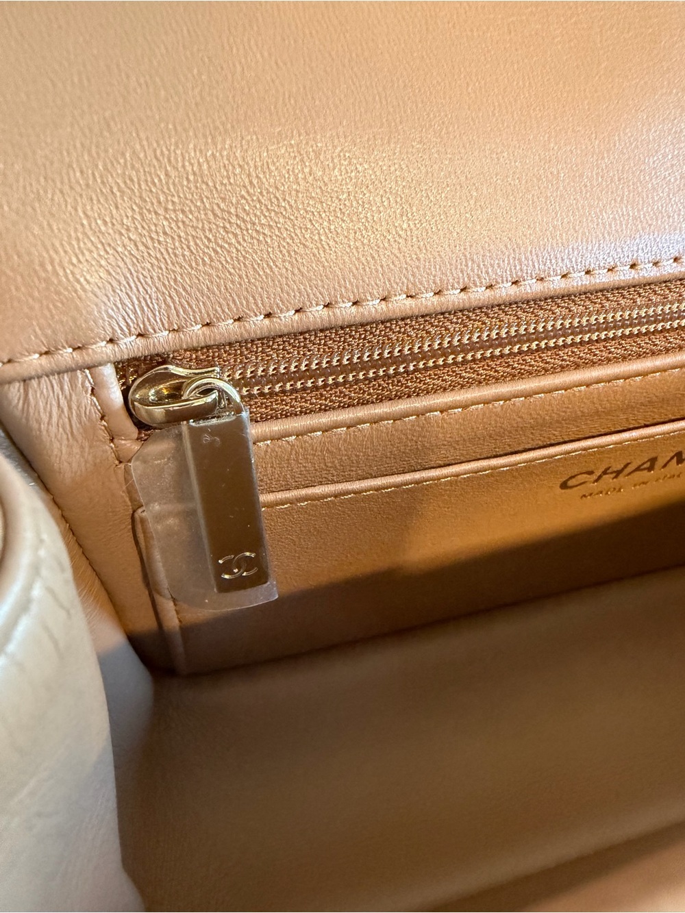 โSOLDโ CHANEL Lambskin Quilted Mini Top Handle Rectangle Flap Beige w/GH - Picture 9 of 10
